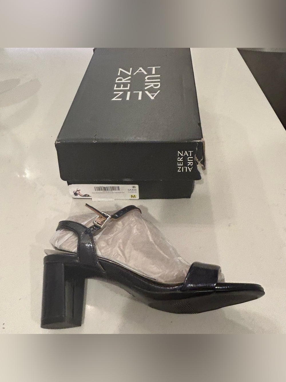 Navy Patent Leather Block Heel Sandals